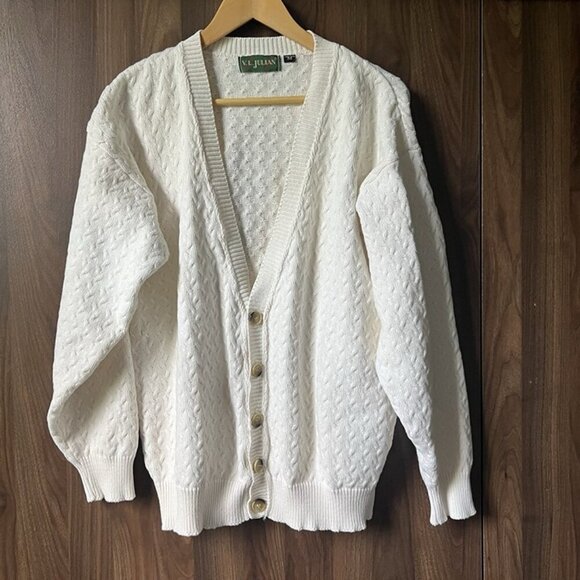 Men’s VTG White Cable Knit Cardigan sz M Cotton US Made Fisherman Preppy Y2K 90s - Picture 1 of 9